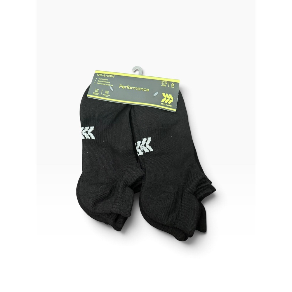 All in Motion Mens Performance No-Show Socks Black 6 Pack Size 6-12 Athletic NEW
